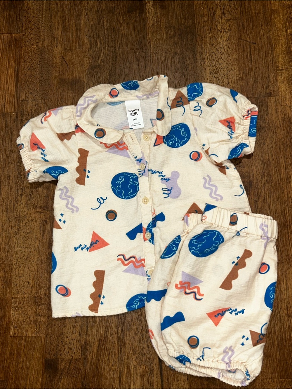 Open Edit Cream Kids Pajama Set with Blue & Brown Geometric Motifs